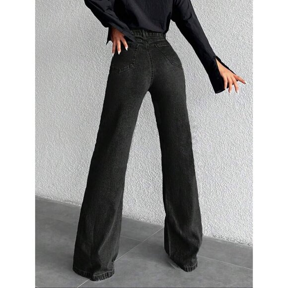 high waisted wide leg flared denim jeans black - Picture 2 of 6